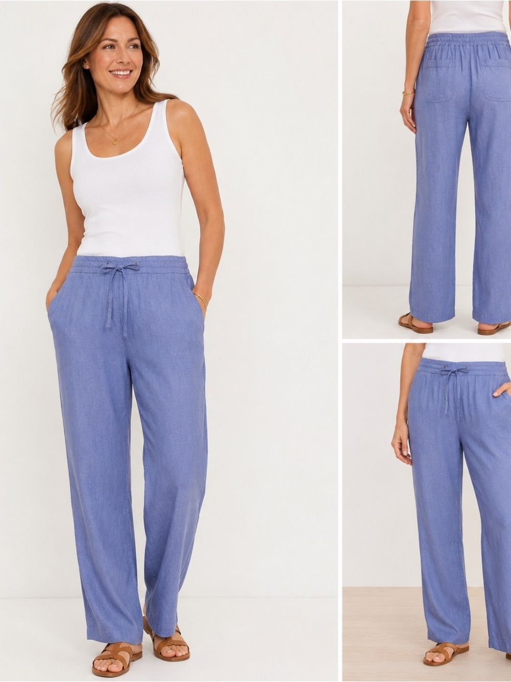 Per Se Women’s Blue Linen Blend Drawstring Pants Size Medium Casual Pull-On